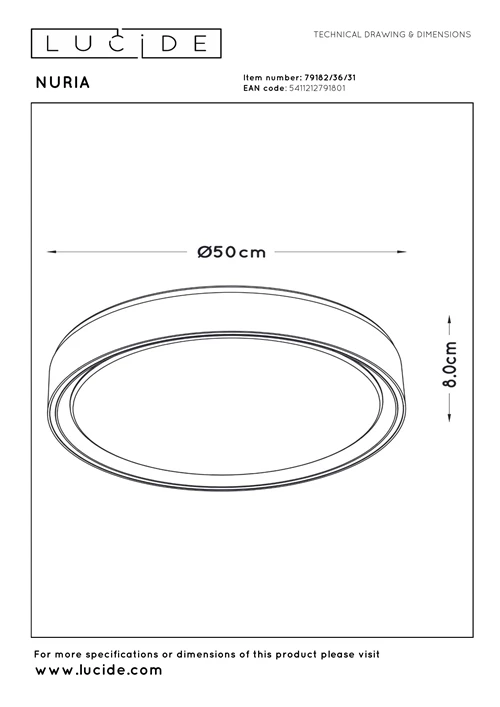 Lucide NURIA - Plafonnier - Ø 50 cm - LED 3 StepDim - 1x36W 2700K - Blanc - technique